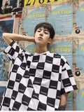 Men Short-slleve Shirt Men's Loose Vintage Black White Plaid T-shirt Student Japan Korean Summer Hip-hop Street Vitality Tops