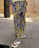 Vintage Ribbed Patchwork Leopard Pants Men Fashion Popular Loose Straight Trousers Spring Summer Mens Casual Waist Tie-up Pants