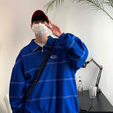 Foesce  Men's Casual Cotton Hoodies Stripe Printing Oversized Sweatshirts Lapel Collar Zipper Pullover Black/blue Color Coats M-2XL
