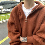 Fashion Solid Color Spliced Zipper Hooded Sweater Men's Clothing Autumn New Casual Pullovers Loose All-match Korean Tops