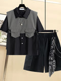 Gothic Men Suits Cargo Vest + Shirt + Shirts 3 Pieces Set Summer Clothes Punk Preppy Streetwear Casual Outfit Men Fashion Trend