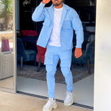 Foesce Casual Solid Men 2-piece Set Fall Fashion Long Sleeve Lapel Single Breasted Coat +Long Ankle Work Pants Suit Pocket Sports