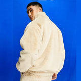 Y2K Men Fleece Hoodie Sweater Fashion Zip-up Stand Collar Solid Pullovers Fall Winter Warm Mens Clothes Casual Loose Woolen Tops