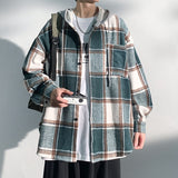Autumn Black/Green Woolen Shirt Men Fashion Casual Plaid Hooded Shirt Men Korean Loose Long-sleeved Shirt Mens Plus Size M-5XL