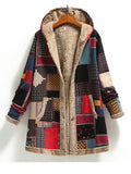Winter Vintage Women Coat Warm Printing Thick Fleece Hooded Long Jacket with Pocket Ladies Outwear Loose Coat for Women