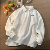 Foesce Lapel Long Sleeve T-shirt New Urban Cityboy Stripe Simple Top Unisex Spring Autumn Half Button Underlay Sweatshirt