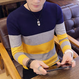 Foesce Autumn Men's Pullover Slim Fit Splicing Striped Knitted Sweaters Mens Knit Long Sleeve Brand Clothing Casual Newest High Quality