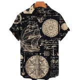 Foesce New Unisex Retro Men's Hawaiian Shirt Plus Size Shirt Sailboat Compass Marine 3d Print Retro Men's Shirt Loose Short Sleeve