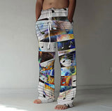 Men Drawstring Elastic Cotton Linen Trousers Casual Wide Leg Pant Male Summer Newest Vintage Print Loose Sport Pants Streetwear