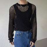 New Men's Vintage Loose Smock Tops Summer Fashion All-match Casual Geometic Hollow Out Outfits See-though Knit Shirts
