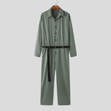 Men Jumpsuits Solid Lapel Long Sleeve Streetwear Fashion Casual Rompers Button Men Cargo Overalls With Belt S-5XL