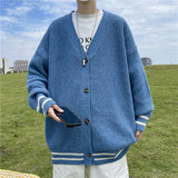V Neck Knitted Cardigan for Men Casual Plaid Sweaters Korean Fashion Single-breasted Tops Mens Loose Knitwear Pullover