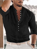 Spring Summer Mens Cotton Linen Shirts Casual Solid Color Long Sleeve Buttoned Stand Collar Tops Men Clothes Leisure Shirt
