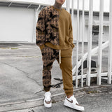 Foesce men's spring and autumn two-piece long-sleeved round neck T-shirt trousers casual loose printing transport suit