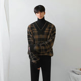 Autumn Winter Men's Fashion V-neck Plaid Sweater Tops Men Korean V-neck Knitted Tops Male Long Sleeve Loose Jumpers