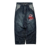 Foesce Men's and Women's Street Hip-hop Retro Oversized Letter Embroidery Y2K Baggy Jeans Denim Gothic Wide Leg Straight Leg Pants