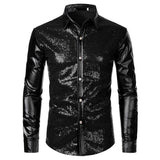 Foesce Night Club Wear Men's Dress Shirts Camisa Social Brand Slim Long Sleeve Shirt Men Coated Metallic Button Down Black Shirts