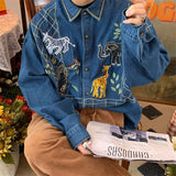 Giraffe Embroidered Zoo Denim Shirt Men Autumn New Vintage Style Casual Long Sleeve Casual Shirt Women Top Punk Style