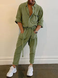 Foesce  Men Jumpsuits Lapel Solid Color Long Sleeve Pockets Streetwear Fashion Cargo Overalls With Belt  Casual Romper 5XL 7