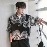 Foesce Thin Korean Streetwear T-Shirts Vintage Spring Summer Fashion Casual Button Pullovers Handsome Printing Geometric Men's Clothing
