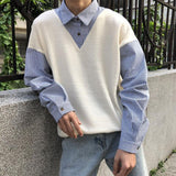 Foesce Pullovers Women Fake Two Piece Sweater Couple Autumn Retro Style Korean Chic Student Youth Y2K Spliced Loose-fitting Long Sleeve
