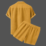 Fashion Beach And Home Corduroy Sets New Casual Men's Two Piece Outfits Solid Short Sleeve Lapel Shirts And Shorts Suits For Men
