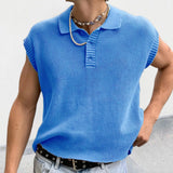 Leisure Solid Knitting Tops Men Sleeveless Buttoned Turn-down Collar Knit Vest Shirts Spring Summer Men's Clothing Fashion