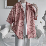 Summer Short Sleeved Shirts Men Korean Baggy Cartoon Elements Print Half Sleeved Blouses Casual Tops Male Y2K Clothes Oversized