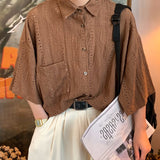 Fashion Hollow Out Solid Color Loose Shirts Mens Vintage Buttoned Lapel Pocket Thin Tops  Summer Casual Men Streetwear Shirt