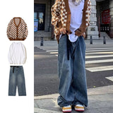 High Street Set Men Women Hip Hop Retro V-neck Knit Sweater Solid Color Casual Long Sleeves Wide-leg Baggy Jeans Three-piece