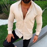 Foesce New Long Sleeve Button Stand Collar Men's Cotton Linen Shirt Buckle Casual Top