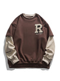 Foesce Vintage Flocked Letter Fake Two Patchwork Hoodie Pullover Harajuku Sweatshirts Men Hip Hop Streetwear Loose Casual Tops
