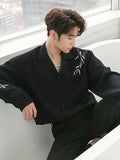 Foesce Men's Embroidered Long-sleeved Casual Shirt Loose Casual Fashion Trend Lapel Collar White/Black Color Shirts