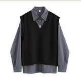 New Spring Autumn 3 Piece Set Women Streetwear Knitted Vest+Long Sleeve Shirt+Harajuku BF Loose Cargo Pants Women