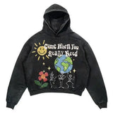 Foesce Print Harajuku Street Embroidery Y2K American Retro Comic  Loose Hooded Sweater Loose Autumn Trend Sweater Couple Jacket