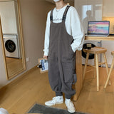 Foesce Suspenders Jumpsuit Pants Men Summer Overalls Japanese Loose Straps Casual Pockets Unisex Oversize Streetwear Solid Man Clothing
