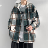 Autumn Black/Green Woolen Shirt Men Fashion Casual Plaid Hooded Shirt Men Korean Loose Long-sleeved Shirt Mens Plus Size M-5XL