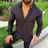 Foesce New Long Sleeve Button Stand Collar Men's Cotton Linen Shirt Buckle Casual Top