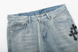 Mens Trousers Retro Cross Patch Distressed Straight Jeans Pants High Street Streetwear Fashion Loose Washed Denim Pants Unisex