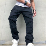 Foesce New Simple Stylish Men Hip Hop Ripped Patch Straight Loose Jeans Pants Streetwear Male Casual Denim Trousers