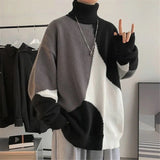 Men Turtleneck  Black White Stripes Harajuku Knitted Sweater Winter Vintage Knitwear Pullover Oversized Jumper Male Sweaters