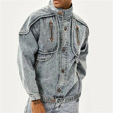 Foesce New Vintage Denim Jackets Men Slim Solid Casual Jean Coat Fashion Stand Collar Moto Biker High Street Tide Outwears