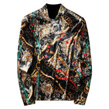 Luxury Golden Print Velvet Men T-shirts Turtleneck Tops Casual Vintage T Shirts Autumn Long Sleeve Streetwear Tees Male Clothing