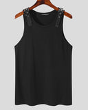 Men Tank Tops Solid Color PU Leather Button Sleeveless Streetwear O-neck Vests Summer Fashion Men Clothing S-5XL 7