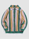 Cardigan for Men  Embroidery Striped Sweaters Turn-down Collar Cardigan Fall Winter Color Block Button Fly Outerwear