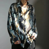Silky Smooth Blouse Shirt for Men Korean Ruffian Dropping Loose Long Sleeve Shirts Spring Vintage Print Oil Painting Trendy Tops