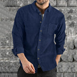 Foesce Leisure Slim Fit Solid Color Corduroy Shirts Men Fall Fashion Turn-down Collar Buttoned Cardigan Tops Mens Spring Fashion Shirt