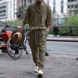 Foesce Fashion Loose V Neck Sweater Two Piece Set Men Spring Summer Casual Solid Short Sleeve Knit Tops And Pants Suits Mens Streetwear
