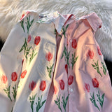 France Romantic Pink Flower Floral Button Up Shirt Loose Casual White Elegant Ladies Blouses Tops Summer Kawaii Hawaii Beach Tee