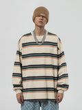 Apricot Stripe T Shirt  American Street Sweatshirt Men's High Street Vintage Hiphop Striped Long-sleeved T-shirt Oversize Tops